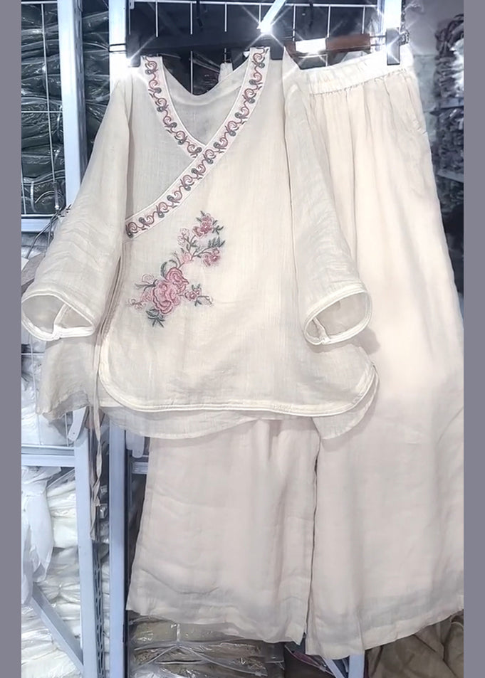 Set Two Lace Fall Loose Embroidered Pieces Neck Beige Linen O Up FashionChic