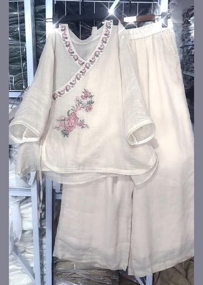 Set Two Lace Fall Loose Embroidered Pieces Neck Beige Linen O Up FashionChic