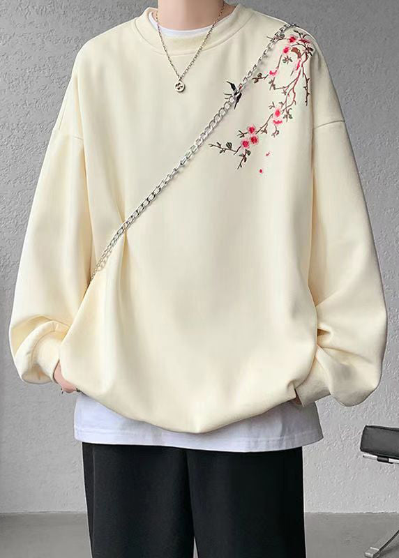 Loose Beige O Neck Embroideried Cotton Men Pullover Sweatshirts Fall WJ036 MENSS241119