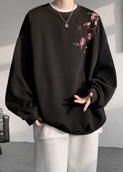 Loose Beige O Neck Embroideried Cotton Men Pullover Sweatshirts Fall WJ036 MENSS241119