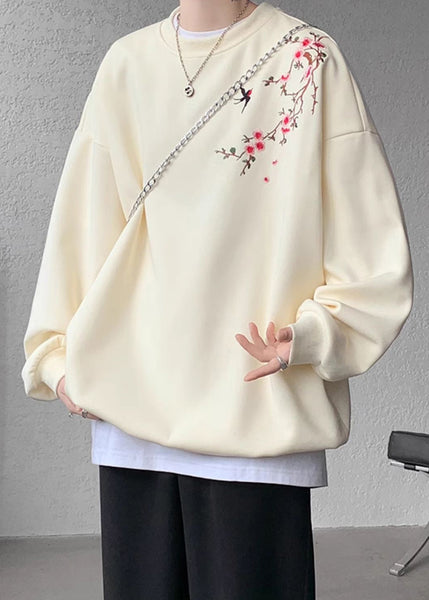 Loose Beige O Neck Embroideried Cotton Men Pullover Sweatshirts Fall WJ036 MENSS241119