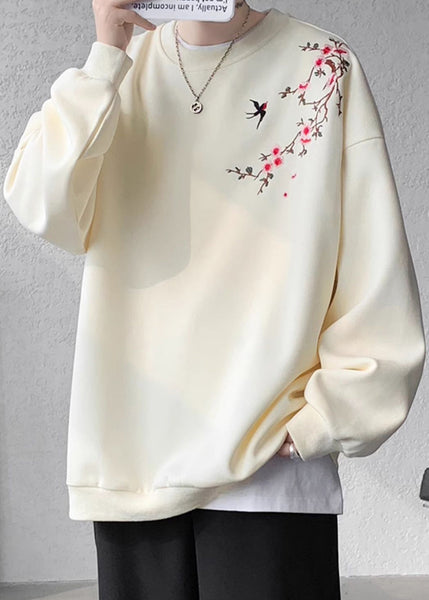 Loose Beige O Neck Embroideried Cotton Men Pullover Sweatshirts Fall WJ036 MENSS241119