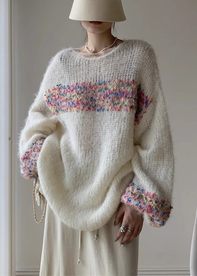Loose Beige O Neck Hollow Out Knit Sweaters Winter WK041 OM-SW241119