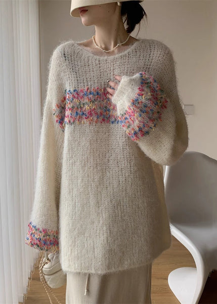Loose Beige O Neck Hollow Out Knit Sweaters Winter WK041 OM-SW241119