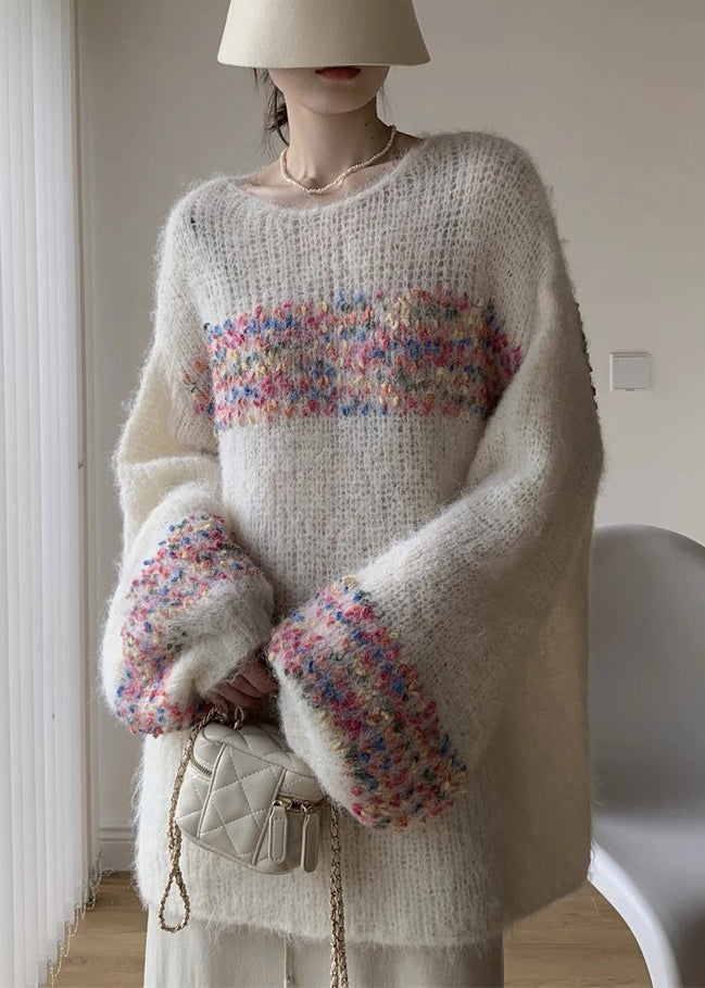 Loose Beige O Neck Hollow Out Knit Sweaters Winter WK041 OM-SW241119