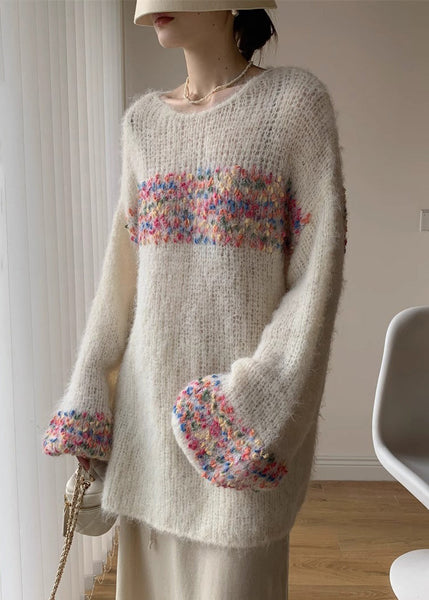 Loose Beige O Neck Hollow Out Knit Sweaters Winter WK041 OM-SW241119