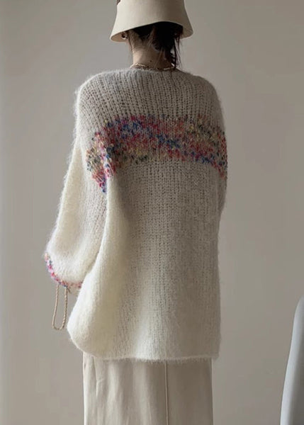 Loose Beige O Neck Hollow Out Knit Sweaters Winter WK041 OM-SW241119
