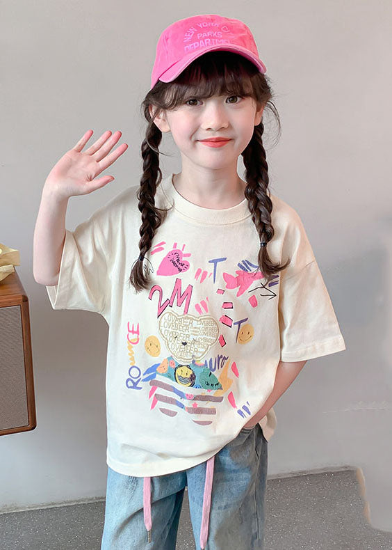 Loose Beige O-Neck Print Kids T Shirts Summer SS1012 MM-RCTZ-STP240601