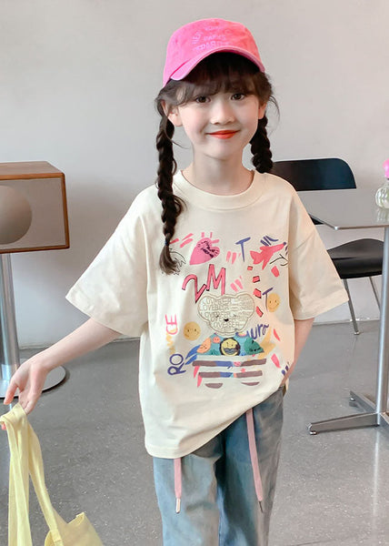 Loose Beige O-Neck Print Kids T Shirts Summer SS1012 MM-RCTZ-STP240601