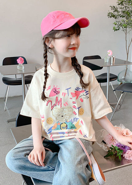 Loose Beige O-Neck Print Kids T Shirts Summer SS1012 MM-RCTZ-STP240601