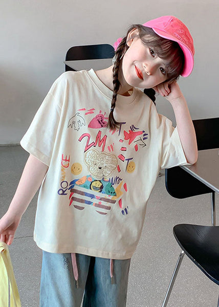 Loose Beige O-Neck Print Kids T Shirts Summer SS1012 MM-RCTZ-STP240601