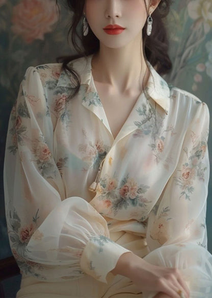 Loose Beige Peter Pan Collar Print Chiffon Shirt Long Sleeve KJ004 ZS-LTP240715