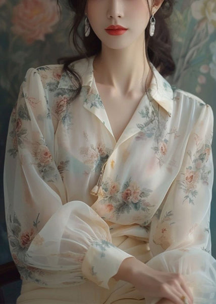 Loose Beige Peter Pan Collar Print Chiffon Shirt Long Sleeve KJ004 ZS-LTP240715