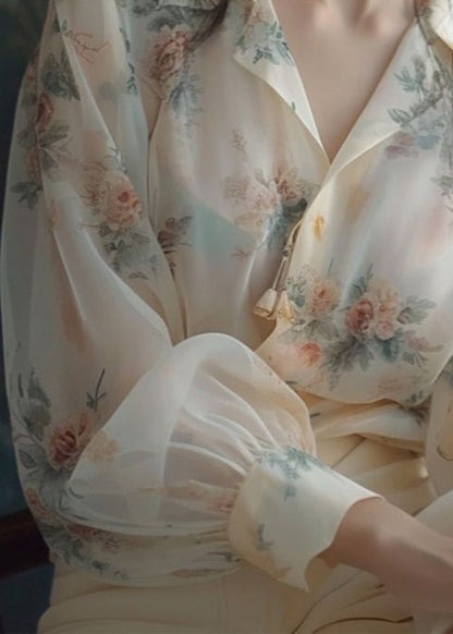 Loose Beige Peter Pan Collar Print Chiffon Shirt Long Sleeve KJ004 ZS-LTP240715