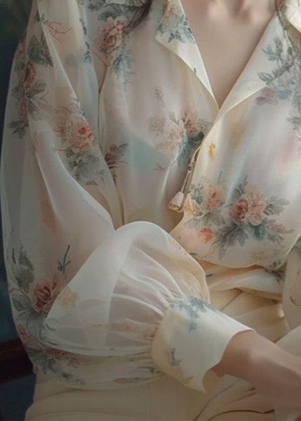 Loose Beige Peter Pan Collar Print Chiffon Shirt Long Sleeve KJ004 ZS-LTP240715