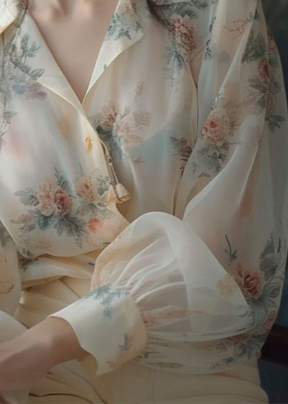 Loose Beige Peter Pan Collar Print Chiffon Shirt Long Sleeve KJ004 ZS-LTP240715