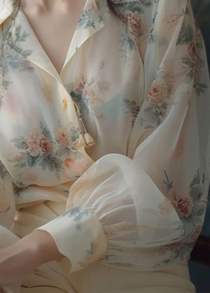 Loose Beige Peter Pan Collar Print Chiffon Shirt Long Sleeve KJ004 ZS-LTP240715