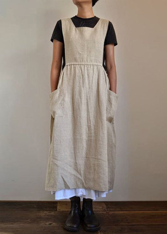 Loose Beige Pockets High Waist Linen Dress Sleeveless FF040 MZF-SDL240607