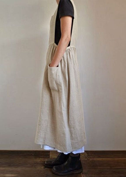 Loose Beige Pockets High Waist Linen Dress Sleeveless FF040 MZF-SDL240607
