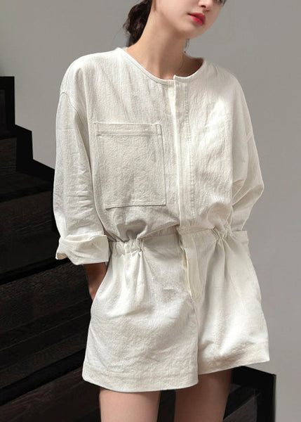 Summer Jumpsuit Loose Beige Linen Waist Pockets Tie FashionChic