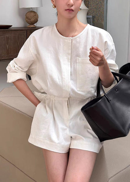 Summer Jumpsuit Loose Beige Linen Waist Pockets Tie FashionChic