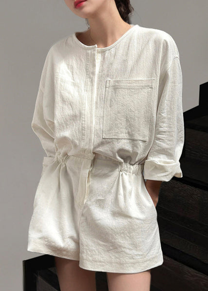 Summer Jumpsuit Loose Beige Linen Waist Pockets Tie FashionChic