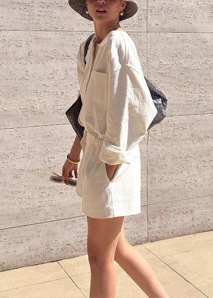 Summer Jumpsuit Loose Beige Linen Waist Pockets Tie FashionChic