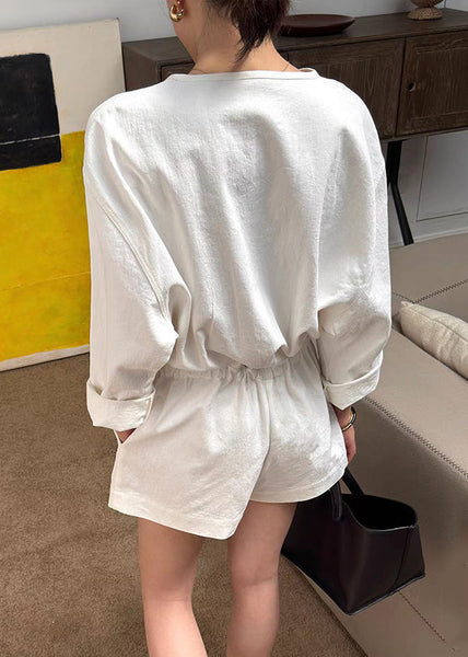 Summer Jumpsuit Loose Beige Linen Waist Pockets Tie FashionChic