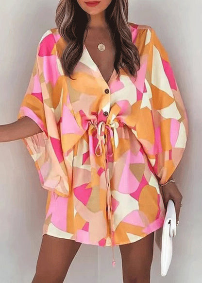 Lace Dresses Loose Cotton Sleeve Beige Print Up Batwing Mid FashionChic