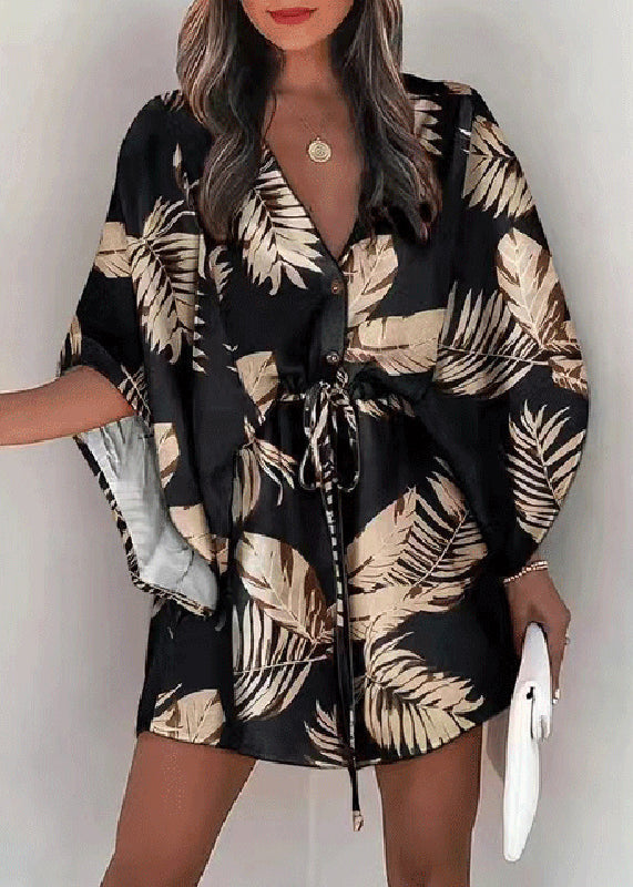 Lace Dresses Loose Cotton Sleeve Beige Print Up Batwing Mid FashionChic