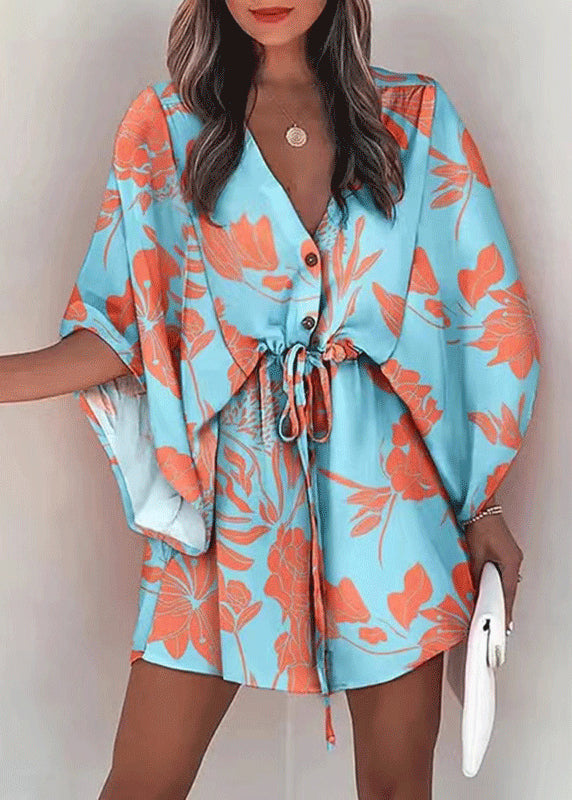 Lace Dresses Loose Cotton Sleeve Beige Print Up Batwing Mid FashionChic