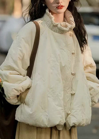 Loose Beige Ruffled Pockets Fine Cotton Filled Coat Lantern Sleeve YZ023 ABC
