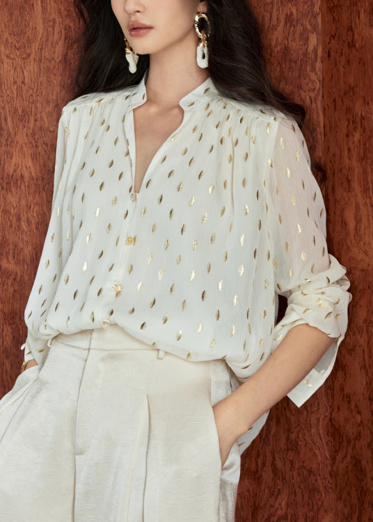 Collar Print Beige Chiffon Loose Fall Stand Shirts FashionChic