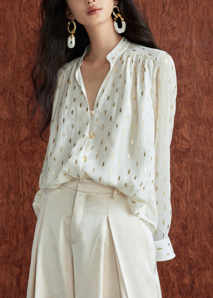 Collar Print Beige Chiffon Loose Fall Stand Shirts FashionChic