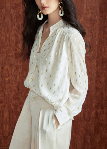 Collar Print Beige Chiffon Loose Fall Stand Shirts FashionChic