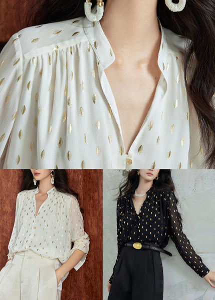 Collar Print Beige Chiffon Loose Fall Stand Shirts FashionChic