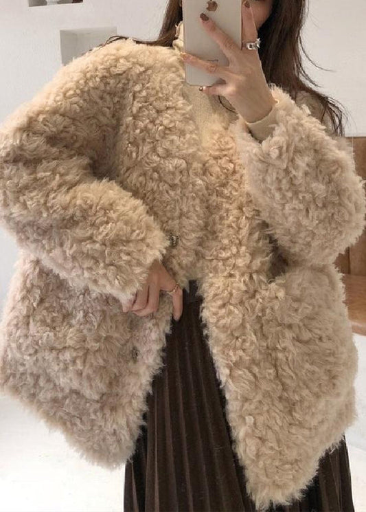 Loose Beige V Neck Pockets Teddy Faux Fur Coat Spring YW042 ABC1