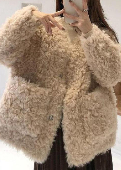 Loose Beige V Neck Pockets Teddy Faux Fur Coat Spring YW042 ABC1