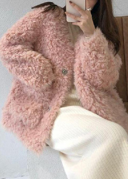 Loose Beige V Neck Pockets Teddy Faux Fur Coat Spring YW042 ABC1