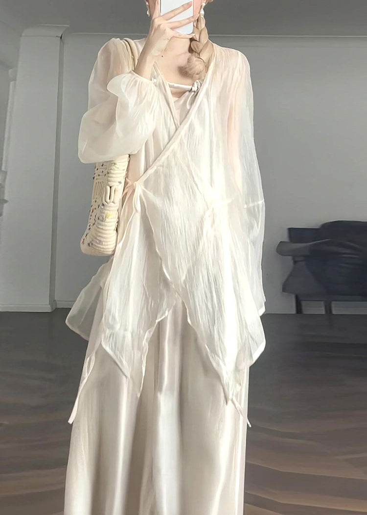 Loose Beige V Neck Silk Shirts And Spaghetti Strap Dress Two Piece Set Long Sleeve UU1064 SH-LF-TPIEC240526