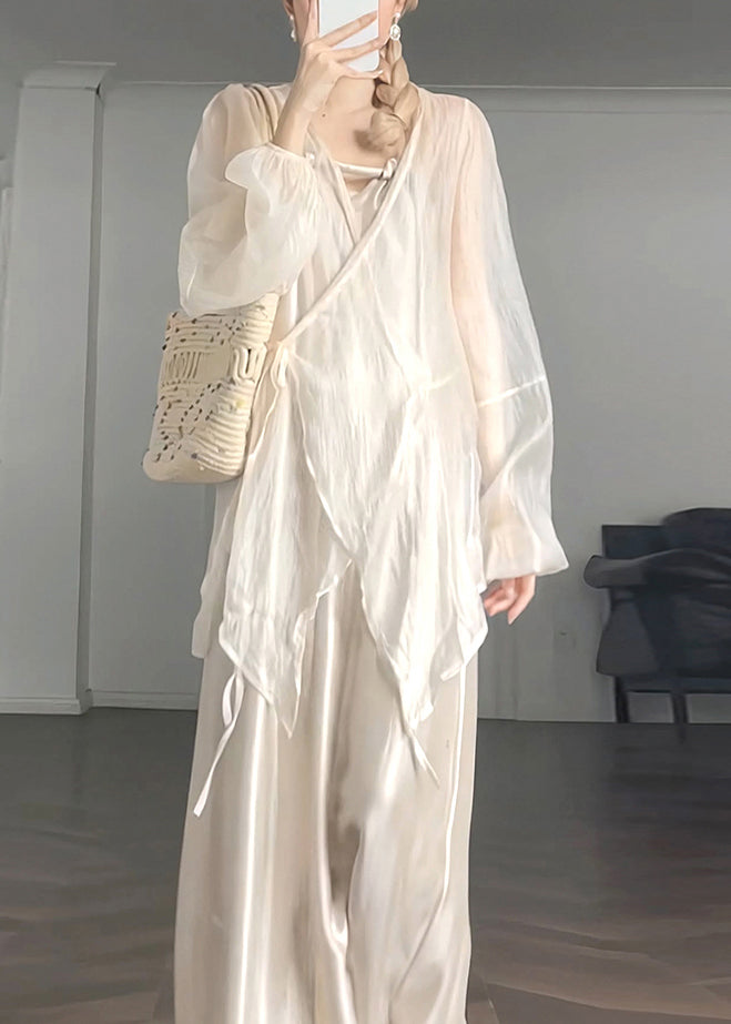 Loose Beige V Neck Silk Shirts And Spaghetti Strap Dress Two Piece Set Long Sleeve UU1064 SH-LF-TPIEC240526