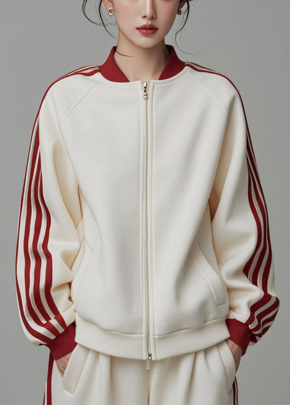 Loose Beige Zip Up Striped Patchwork Cotton Coats Fall ER007 ABC