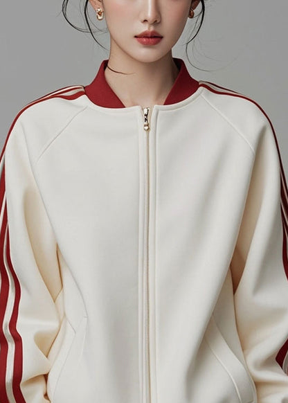 Loose Beige Zip Up Striped Patchwork Cotton Coats Fall ER007 ABC