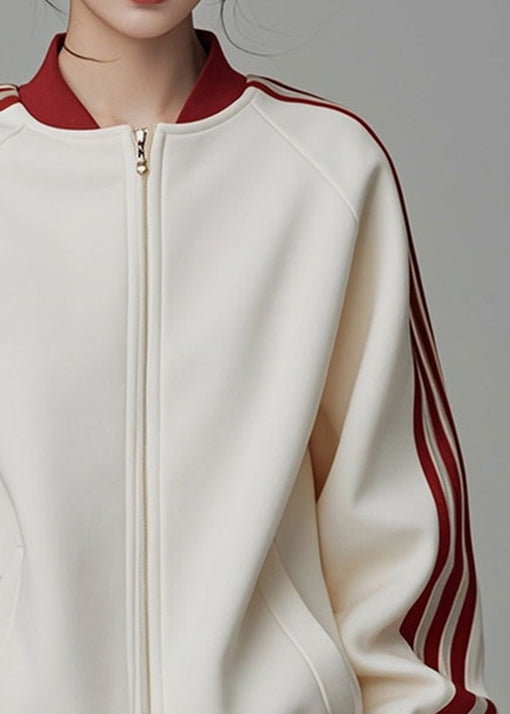 Loose Beige Zip Up Striped Patchwork Cotton Coats Fall ER007 ABC