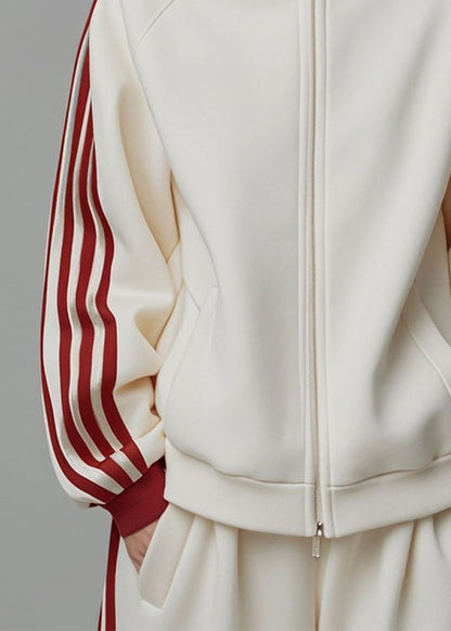 Loose Beige Zip Up Striped Patchwork Cotton Coats Fall ER007 ABC