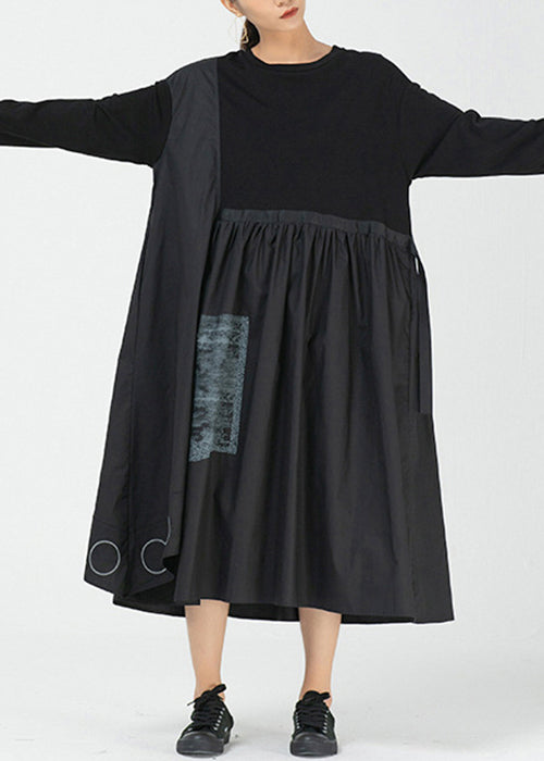 Loose Black Asymmetrical Print Cotton Dress Long Sleeve AA1010 Ada Fashion