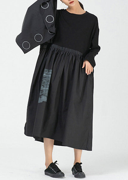 Loose Black Asymmetrical Print Cotton Dress Long Sleeve AA1010 Ada Fashion