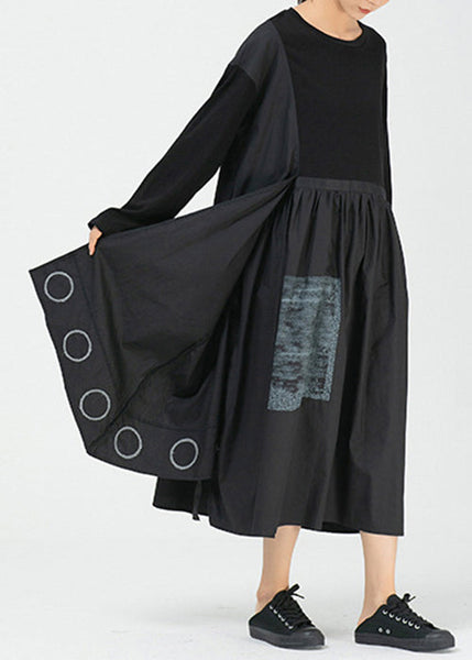 Loose Black Asymmetrical Print Cotton Dress Long Sleeve AA1010 Ada Fashion