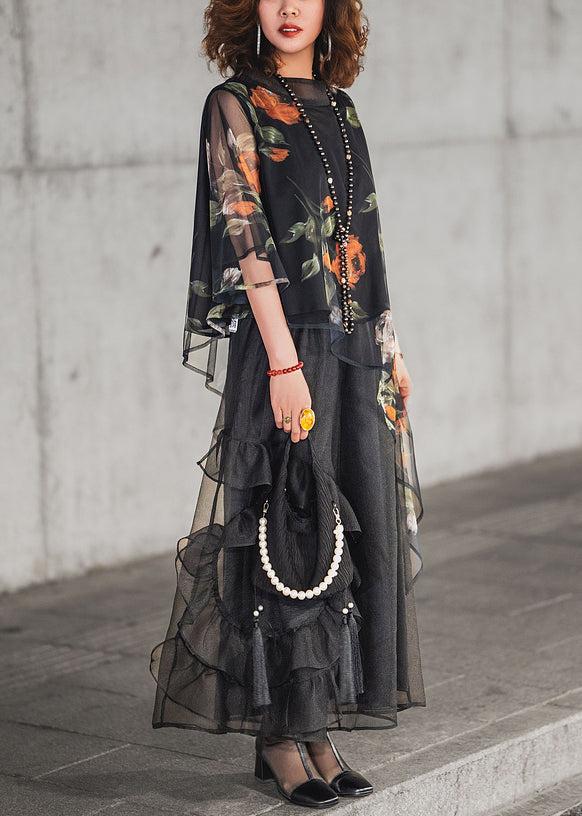 Pieces Ruffled Tulle Set Half Black Print Asymmetrical Loose Two FashionChic