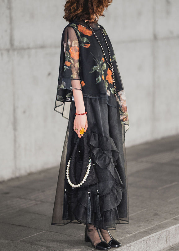 Pieces Ruffled Tulle Set Half Black Print Asymmetrical Loose Two FashionChic